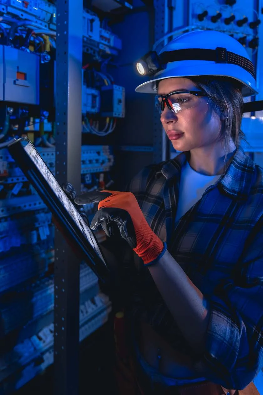 Técnico que inspecciona un panel eléctrico, de la portada del folleto de KelTech
